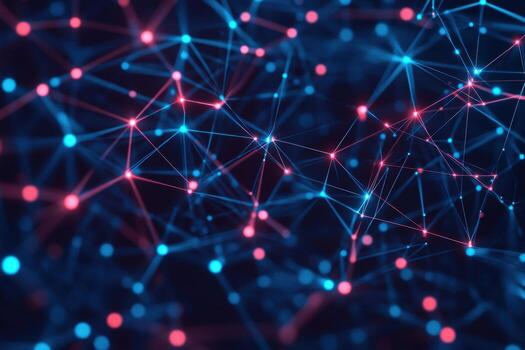 Digital network visualization with glowing blue and red nodes and lines on dark background photo