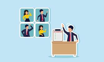 A businessman with a job description board is having an online meeting with partners, illustrating an evaluation and monitoring of team performance based on the job list. vector
