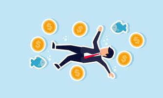 A businessman is submerged with a collection of dollar coins and fish around him, illustrating being trapped in a corruption case. vector