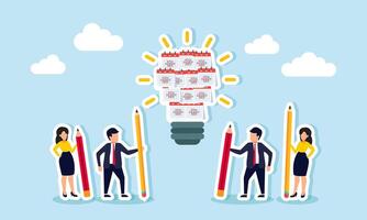 A group of businessmen is brainstorming with pencils and organizing a calendar agenda, shaping a shining light, illustration of the design of an effective timeline for business projects. vector