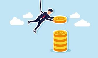 A businessman hanging by a rope carrying dollar coins, aiming to add them to a pile of dollar coins, illustrating the act of increasing wealth or investment assets. vector