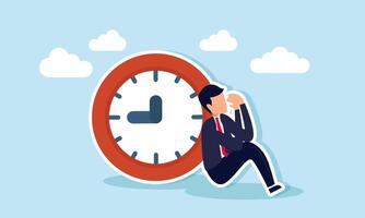 A sad and frustrated businessman sitting under and leaning against a clock, illustrating frustration over business project timelines that keep moving closer to the deadline. vector
