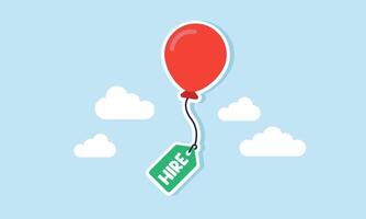 A balloon floating with a string attached to a tag labeled HIRE, illustrating the company's promotional strategy for hiring employees vector