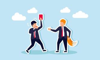 A businessman as a referee shows a red card to another businessman dressed as a fox, illustration of a cunning business violation leading to punishment from authorities. vector