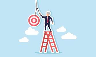An elderly businessman tries to reach a target board hook with his cane while climbing a ladder, illustration of the conventional approach to managing a business team's performance. vector