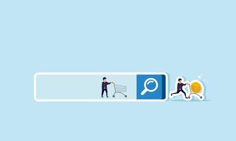 A businessman stands still with a trolley inside a search box, while another runs out, pushing a trolley filled with bitcoin, illustrating profit from online research. vector