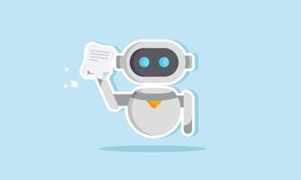 A robot is holding and showing a signed agreement document, illustrating the company's agreement to use AI to enhance performance. vector