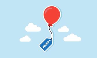 A balloon floating with a string attached to a tag labeled PROMO, illustrating the company's marketing strategy by offering promotions vector