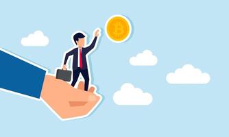 A hand assisting a businessman tries to help him grab a bitcoin, illustration of support from a third party in acquiring or increasing bitcoin collection. vector