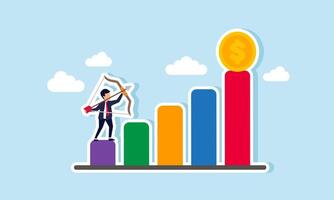 A businessman is aiming at a dollar coin positioned at the peak of a chart, illustrating the goal of targeting a specific dollar collection price for future all-time highs. vector