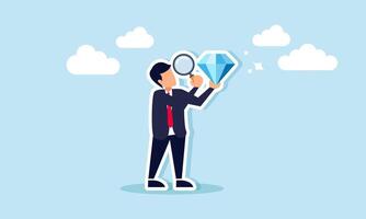 A businessman examining a gem with a magnifying glass, illustrating research conducted on an asset to help it grow, develop, and increase in value. vector
