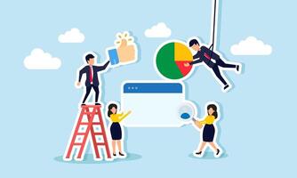 A group of businesspeople collaborating to provide input on team performance management, illustrating teamwork in enhancing company performance. vector