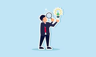 A businessman is examining a lamp with plants using a magnifying glass, illustrating research on new and renewable energy resources. vector