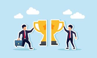 Two businessmen carry trophy pieces to combine, illustration of teamwork in achieving shared accomplishments or collaboration between businesses to reach success vector
