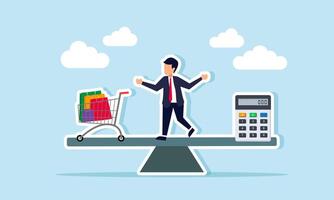 A businessman on a seesaw with a shopping cart and a calculator on the other side, illustrating the balance of company spending calculations. vector