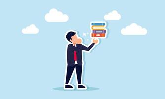 A businessman is showing a shiny stack of books, illustrating the submission of business project reports to the project owner. vector