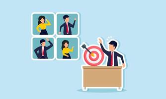 A businessman with a target board is having an online meeting with partners, illustrating a discussion on evaluating and monitoring the company's business target progress. vector