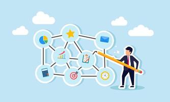 A businessman holding a pencil is sketching a map for business management strategy, illustration of the planning or mitigation strategy mapping for business management. vector