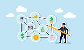A businessman holding a pencil is sketching a map for business financial strategy, illustration of the planning or mitigation strategy for financial management. vector