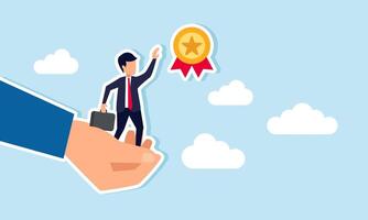 A hand assisting a businessman tries to help him reach for an award medal, illustration of support from a third party in achieving business success or completing a project. vector