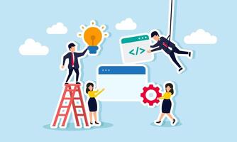 A group of businesspeople collaborating to provide input on programming, engineering, and development, illustrating teamwork in building a business application. vector