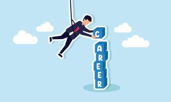 A businessman hanging by a rope carrying a box labeled C intending to stack it and complete the CAREER box, illustrating the pursuit of career development. vector