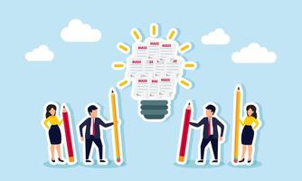 A group of businessmen is brainstorming with pencils, organizing rules on paper that form a shining light, illustration of the establishment of fair and wise company policies. vector
