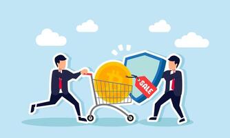 A businessman with a cart filled with Bitcoin labeled Sale is blocked by another holding a shield, illustration of a drop in Bitcoin valuation is low demand or reluctance to buy Bitcoin vector