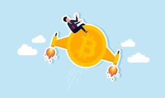 A businessman is riding a bitcoin jet soaring into the sky, illustration of the positive trend of bitcoin's valuation towards an all-time high. vector