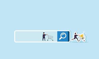 A businessman stands still with a trolley inside a search box, while another runs out, pushing a trolley filled with trophies, illustrating rewards for research in his business field. vector