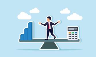 A businessman on a seesaw with a bar chart and calculator on the other side, illustrating the financial stability calculations of a business. vector