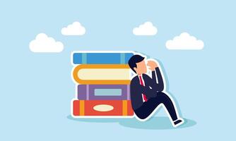 A sad and frustrated businessman sitting leaning against a stack of books, illustrating frustration over the overwhelming number of business project reports need to be completed. vector