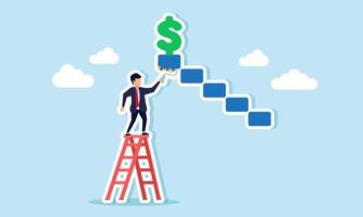 A businessman climbing a ladder to paint the blocks supporting a dollar sign, illustrating the effort to secure dollar assets vector