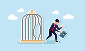 A businessman walking out of a cage with bent bars, feeling tired frustrated, illustrating exhaustion from restrictive rules and company policies trap employees and limit freedom. vector