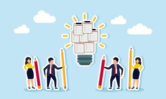 A group of businessmen is brainstorming with pencils, organizing a job description board forms a shining light, illustration of the design of effective job for the business team. vector