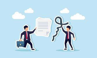 A businessman carries a contract while another carries a signature to combine, illustration of a cooperation agreement between business partners vector