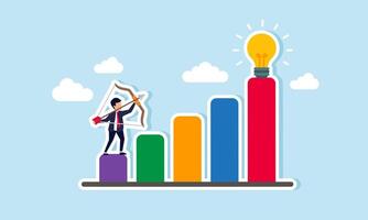 A businessman is aiming at a shining light at the peak of a chart, illustrating the proposal of ideas and innovations with hopes they will be executed within the company. vector