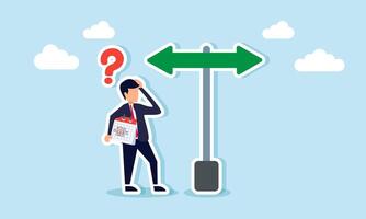 A businessman holding a schedule calendar feels confused about which direction to take, illustrating uncertainty in prioritizing event agendas. vector