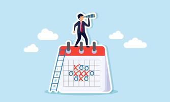 A businessman is climbing an agenda calendar with a ladder while using a telescope, illustration of a vision for creating an effective and efficient business schedule. vector