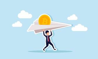 A businessman is holding and trying to fly a paper airplane carrying bitcoins, illustrating efforts to significantly boost the valuation of bitcoin. vector