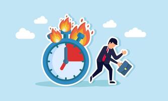 A businessman walking beside a burning clock, feeling tired and frustrated, illustrating exhaustion from overworking beyond time limits. vector