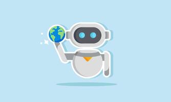 A robot is holding and showing a globe, illustrating how AI dominates the world, leading to potential mass layoffs. vector