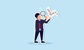 A businessman is examining a stock chart with a magnifying glass, illustrating research on the company's stock movement. vector