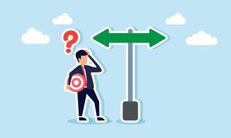 A businessman holding a target board feels confused about which direction to take, illustrating uncertainty in setting business priorities. vector