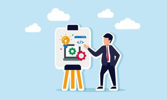 A businessman is presenting a design for a business optimization application, illustrating the creation of an app to support team performance or enhance customer experience. vector