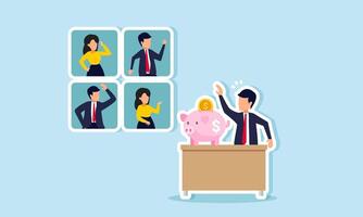 A businessman with a piggy bank is having an online meeting with partners, illustrating a discussion on evaluating and monitoring the company's investment targets. vector