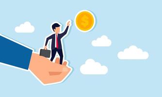 A hand assisting a businessman tries to help him grab a dollar coin, illustration of support from a third party in acquiring or increasing dollar assets. vector