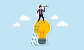 A businessman is climbing a light fixture with a ladder while using a telescope, illustration of a vision for generating ideas and innovations relevant to the target market. vector