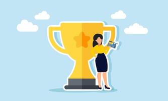A businessman vlogs or records himself next to a trophy, illustration of the act of showing off achievements he has accomplished. vector