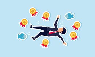 A businessman is submerged with a collection of awards and fish around him, illustrating being trapped in a business situation that ruined his career. vector
